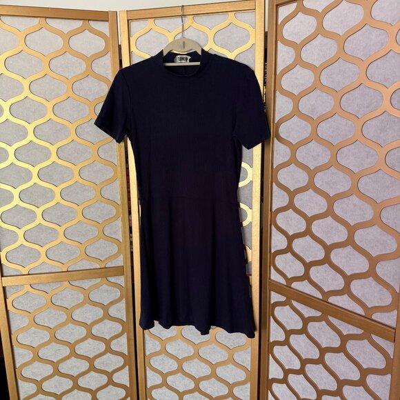 Reformation Size Large Navy Blue Ribbed Knit Mock Neck Short Sleeve Mini Dress - Picture 4 of 12